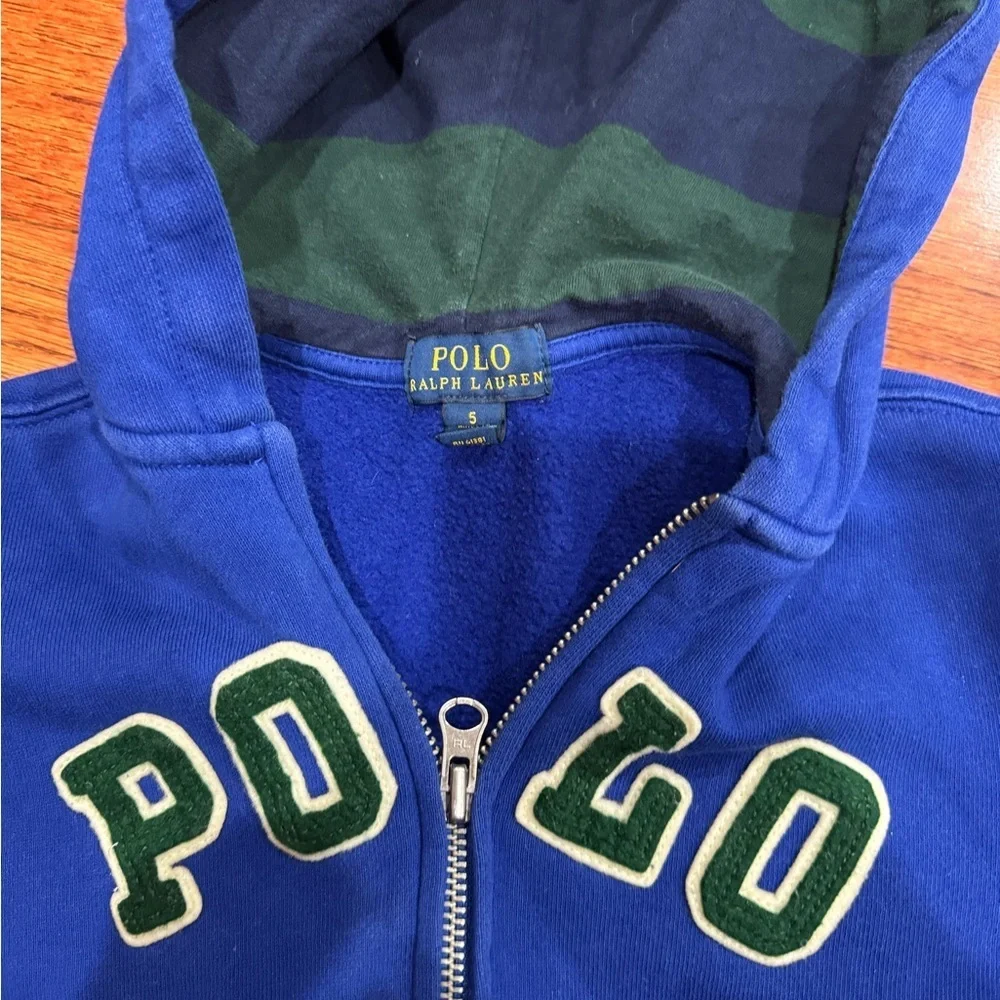 Ralph Lauren Blue and Green Kids Zip-Up Hoodie Size 5